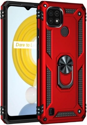 Realme C21 Kılıf Silikon Zırhlı Standlı Yüzüklü Mıknatıslı Tank Kapak - Kırmızı