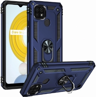 Realme C21 Kılıf Silikon Zırhlı Standlı Yüzüklü Mıknatıslı Tank Kapak - Lacivert