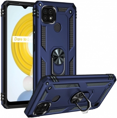 Realme C21 Kılıf Silikon Zırhlı Standlı Yüzüklü Mıknatıslı Tank Kapak - Lacivert