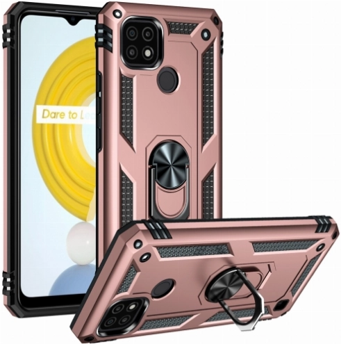 Realme C21 Kılıf Silikon Zırhlı Standlı Yüzüklü Mıknatıslı Tank Kapak - Rose Gold