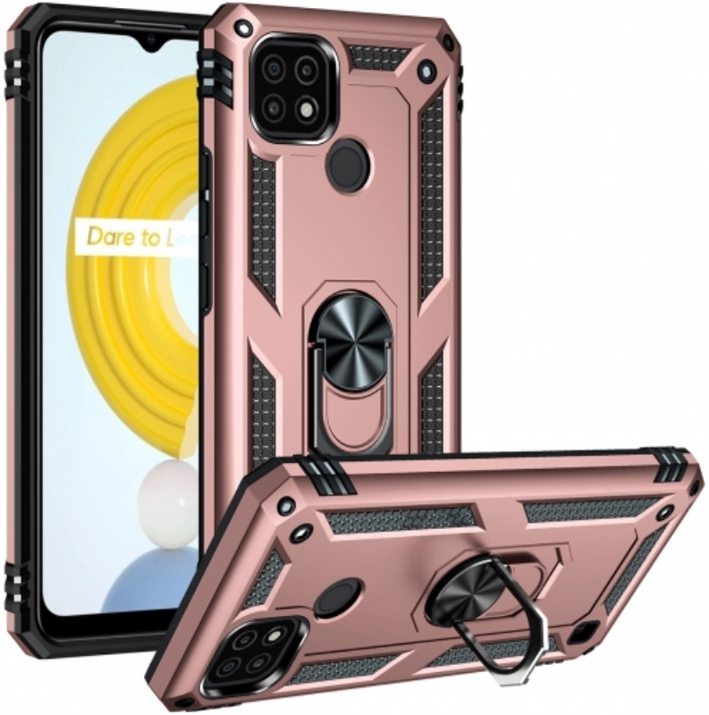 Realme C21 Kılıf Silikon Zırhlı Standlı Yüzüklü Mıknatıslı Tank Kapak - Rose Gold