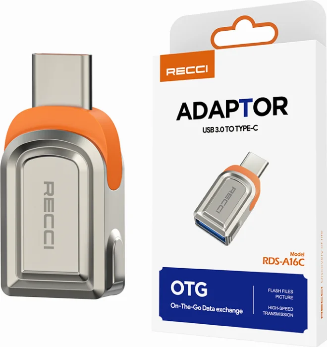 Recci RDS-A16C Ultra Hızlı Veri Aktarıcı Adaptör USB 3.0 to Type-C OTG - Gri