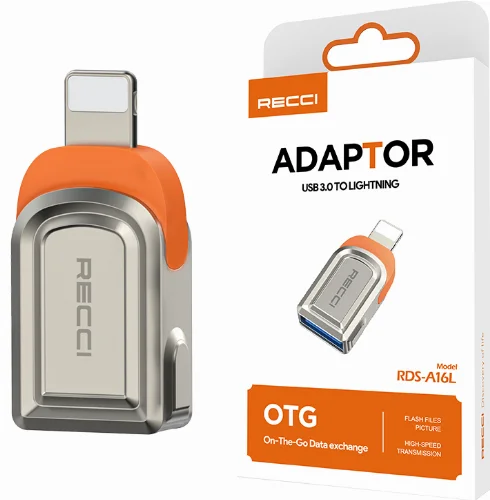 Recci RDS-A16L Ultra Hızlı Veri Aktarıcı Adaptör USB 3.0 to Lightning OTG - Gri