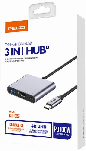 Recci RH05 Type-C to Type-C PD100W + HDMI 4K@30Hz + USB3.0 Bağlantı Özellikli 3in1 Hub - Gri