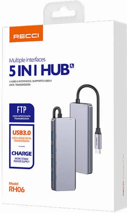Recci RH06 Type-C to 4 USB3.0 + Micro Bağlantı Özellikli 5in1 USB Çoğaltıcı Hub - Gri