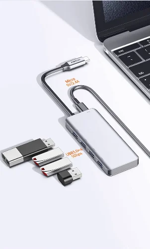 Recci RH06 Type-C to 4 USB3.0 + Micro Bağlantı Özellikli 5in1 USB Çoğaltıcı Hub - Gri