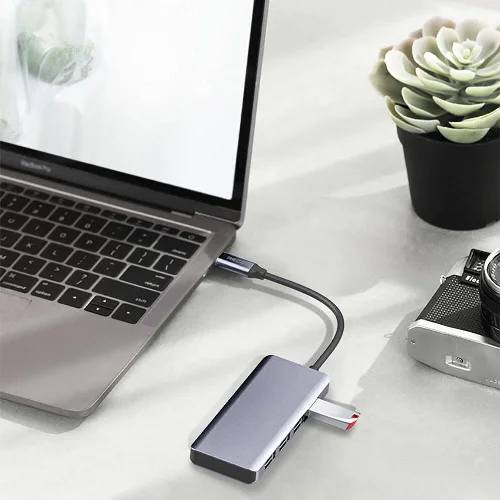 Recci RH06 Type-C to 4 USB3.0 + Micro Bağlantı Özellikli 5in1 USB Çoğaltıcı Hub - Gri