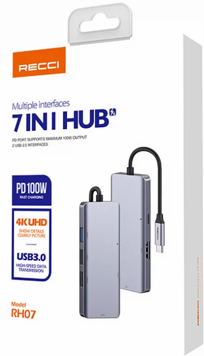 Recci RH07 7 in 1 Type-C Hub PD 100W Şarj Destekli SD Kart-HDMI-USB Çoğaltıcı Kablo 120mm - Gri
