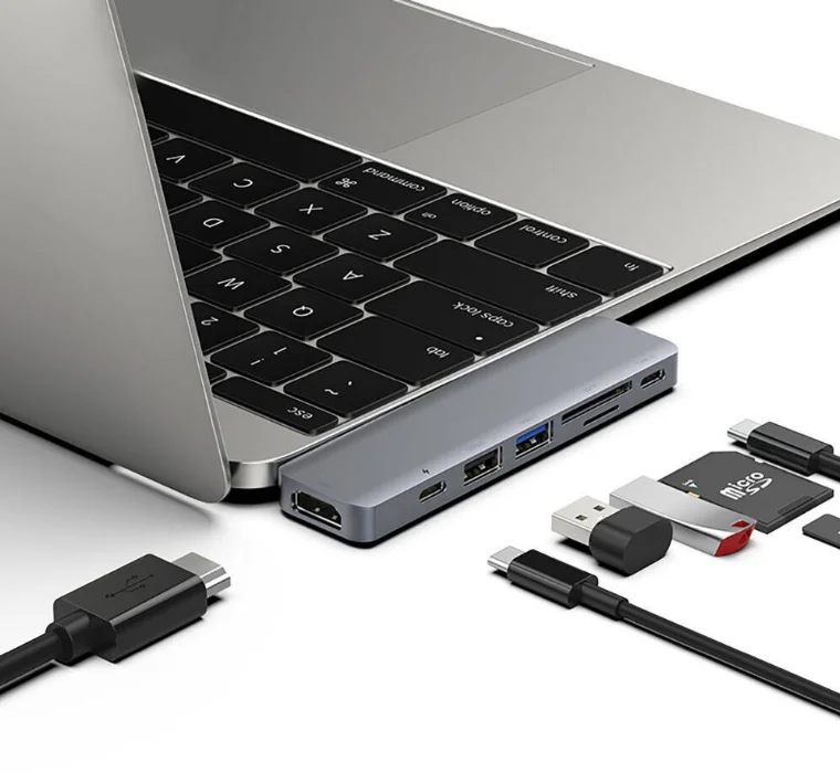 Recci RH08 Type-C to Type-C + SD/TF + USB3.0 + USB2.0 + HDMI + Thunderbolt 3 Bağlantılı 7in2 Hub - Gri