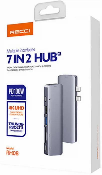 Recci RH08 Type-C to Type-C + SD/TF + USB3.0 + USB2.0 + HDMI + Thunderbolt 3 Bağlantılı 7in2 Hub - Gri