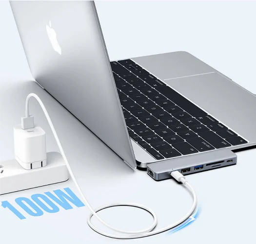 Recci RH08 Type-C to Type-C + SD/TF + USB3.0 + USB2.0 + HDMI + Thunderbolt 3 Bağlantılı 7in2 Hub - Gri