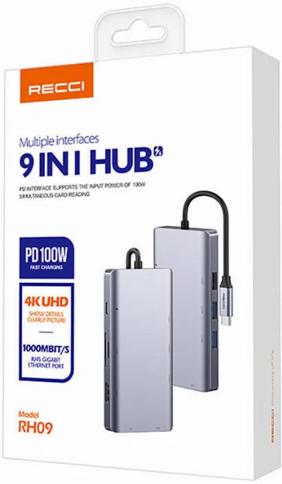 Recci RH09 Type-C to Type-C + SD/TF + USB3.0 + USB2.0 + HDMI + VGA + RJ45 Bağlantılı 9in1 Hub - Gri