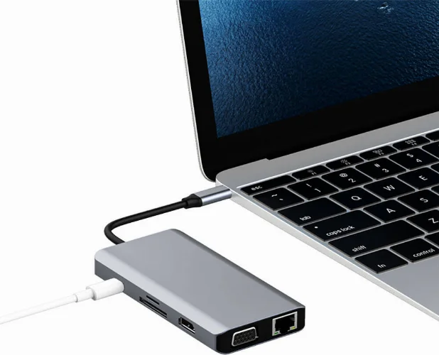 Recci RH09 Type-C to Type-C + SD/TF + USB3.0 + USB2.0 + HDMI + VGA + RJ45 Bağlantılı 9in1 Hub - Gri