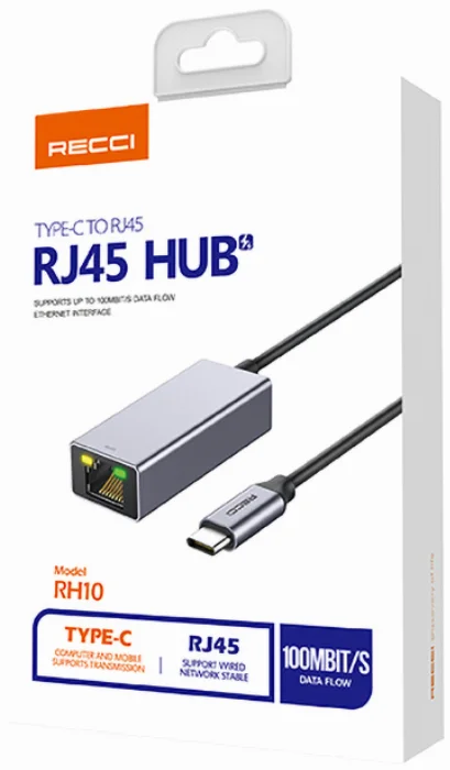 Recci RH10 RJ45 to Type-C Ethernet Dönüştürücü Kablo 100Mbps 80mm - Gri
