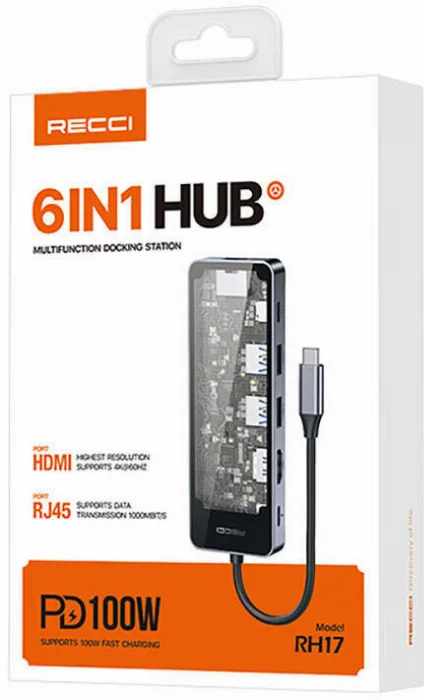 Recci RH17 Type-C to Type-C PD100W + USB3.0 + HDMI + Type-C + RJ45 Bağlantılı 6in1 Hub - Gri