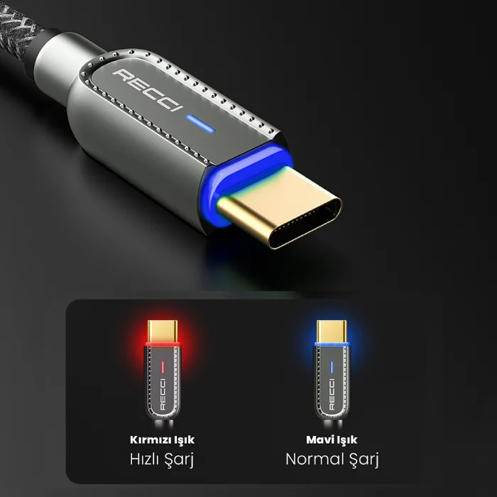 Recci RS02C Smart Power-Off Serisi Hızlı Şarj Özellikli USB-A To Type-C Kablo 1M - Siyah