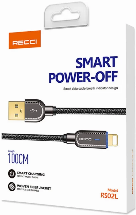 Recci RS02L Smart Power-Off Serisi Hızlı Şarj Özellikli Lightning To USB-A Kablo 1M - Siyah