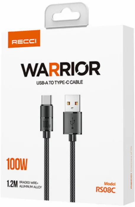 Recci RS08C Warrior Serisi 100W Hızlı Şarj Özellikli USB-A To Type-C Kablo 1.2M - Gri