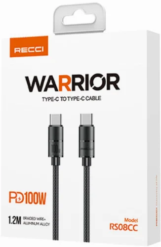 Recci RS08CCPD Warrior Serisi 100W Hızlı Şarj Özellikli Type-C To Type-C PD Kablo 1.2M - Gri