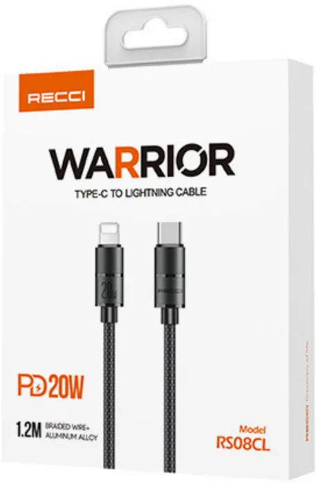 Recci RS08CLPD Warrior Serisi 20W Hızlı Şarj Özellikli Type-C To Lightning PD Kablo 1.2M - Gri