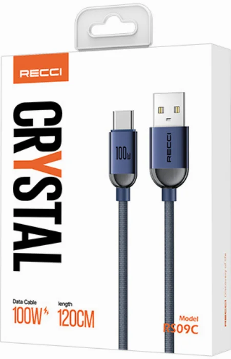 Recci RS09C Crystal Serisi 100W Hızlı Şarj Özellikli USB-A To Type-C Kablo 1.2M - Mavi