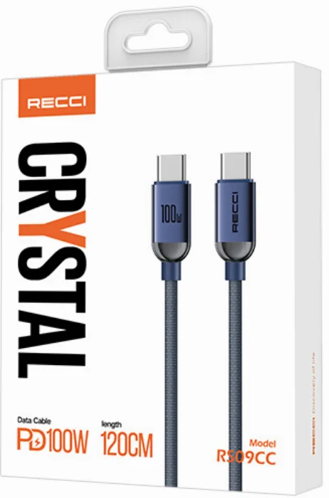Recci RS09CCPD Crystal Serisi 100W Hızlı Şarj Özellikli Type-C To Type-C PD Kablo 1.2M - Mavi
