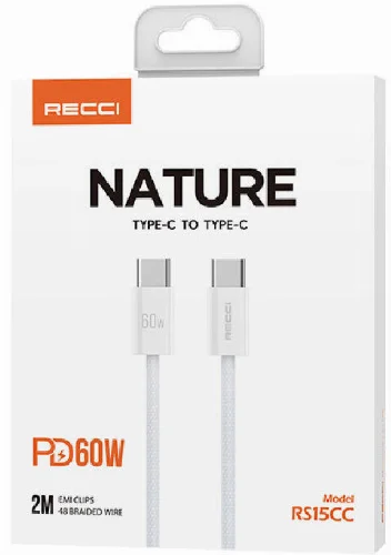 Recci RS15CC Nature Serisi 60W Hızlı Şarj Özellikli Type-C To Type-C PD Kablo 2M - Beyaz