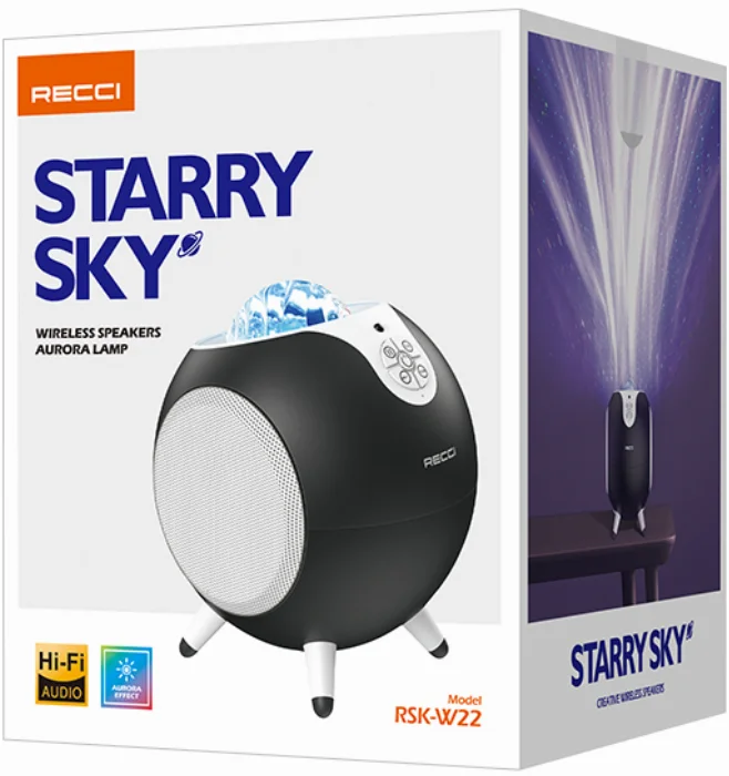 Recci RSK-W22 Starry Sky Serisi Hi-Fi Aurora Lambalı Wireless Bluetooth 5.2 Speaker Hoparlör 10W - Siyah
