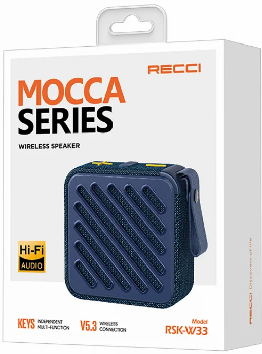 Recci RSK-W33 Mocca Serisi TF/AUX/USB Askılı Akıllı Wireless Bluetooth 5.3 Speaker Hoparlör - Mavi
