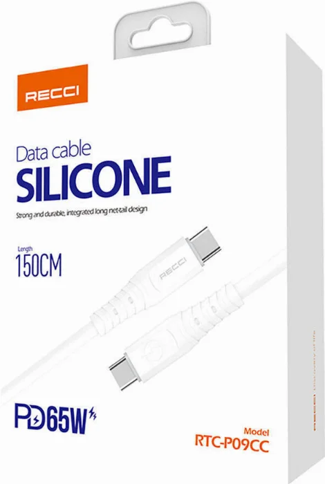 Recci RTC-P09CC Silicone Serisi 65W Hızlı Şarj Özellikli Type-C To Type-C PD Kablo 1.5M - Beyaz