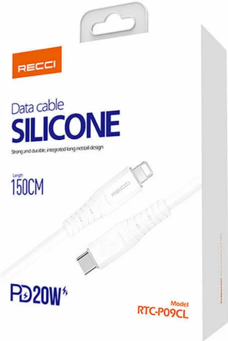 Recci RTC-P09CL Silicone Serisi 20W Hızlı Şarj Özellikli Type-C To Lightning PD Kablo 1.5M - Beyaz
