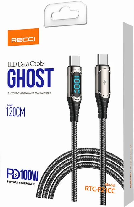 Recci RTC-P21CCPD Ghost Serisi 100W Hızlı Şarj Özellikli Type-C To Type-C PD Kablo 1.2M - Siyah