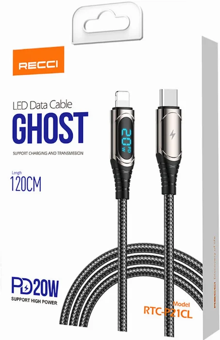 Recci RTC-P21CLPD Ghost Serisi 20W Hızlı Şarj Özellikli Type-C To Lightning PD Kablo 1.2M - Siyah