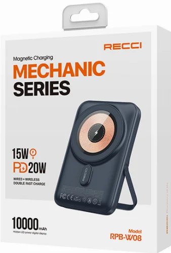 Recci W08 Metal Standlı 15W Magsafe Şarj Özellikli 20W PD Hızlı Şarj Powerbank 10000mAh - Beyaz