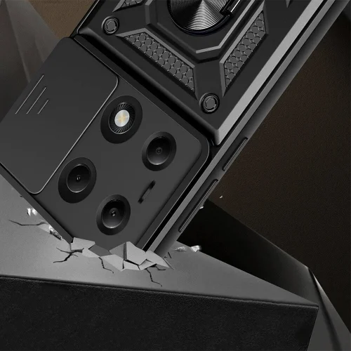 Redmi Note 13 Pro 4G Kılıf Zırhlı Standlı Silikon Sürgülü Kamera Korumalı Tank Kapak - Siyah