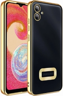 Samsung Galaxy A04e Kılıf Kamera Lens Korumalı Şeffaf Renkli Logo Gösteren Parlak Kapak - Gold