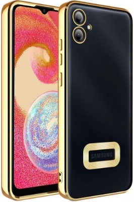 Samsung Galaxy A04e Kılıf Kamera Lens Korumalı Şeffaf Renkli Logo Gösteren Parlak Kapak - Gold