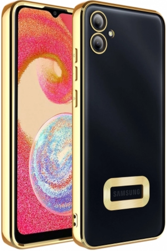 Samsung Galaxy A04e Kılıf Kamera Lens Korumalı Şeffaf Renkli Logo Gösteren Parlak Kapak - Gold