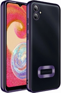 Samsung Galaxy A04e Kılıf Kamera Lens Korumalı Şeffaf Renkli Logo Gösteren Parlak Kapak - Koyu Mor