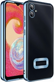 Samsung Galaxy A04e Kılıf Kamera Lens Korumalı Şeffaf Renkli Logo Gösteren Parlak Kapak - Mavi