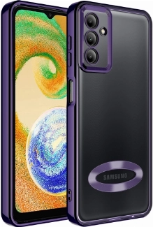 Samsung Galaxy A04s Kılıf Kamera Lens Korumalı Şeffaf Renkli Logo Gösteren Parlak Kapak - Koyu Mor