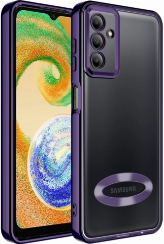 Samsung Galaxy A04s Kılıf Kamera Lens Korumalı Şeffaf Renkli Logo Gösteren Parlak Kapak - Koyu Mor