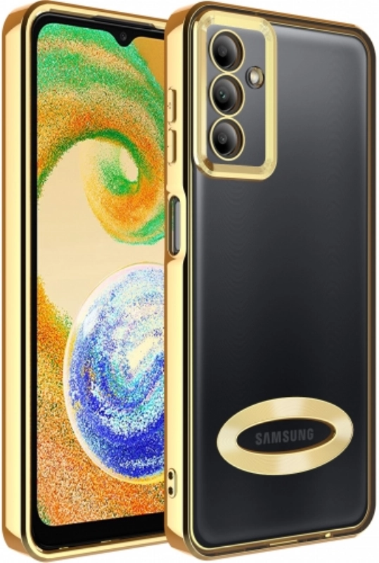 Samsung Galaxy A04s Kılıf Kamera Lens Korumalı Şeffaf Renkli Logo Gösteren Parlak Kapak - Gold