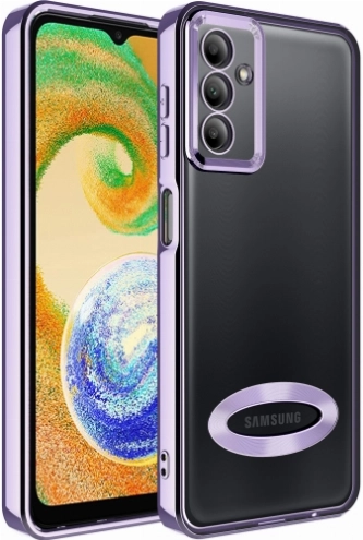 Samsung Galaxy A04s Kılıf Kamera Lens Korumalı Şeffaf Renkli Logo Gösteren Parlak Kapak - Lila