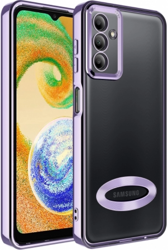 Samsung Galaxy A04s Kılıf Kamera Lens Korumalı Şeffaf Renkli Logo Gösteren Parlak Kapak - Lila