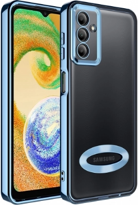 Samsung Galaxy A04s Kılıf Kamera Lens Korumalı Şeffaf Renkli Logo Gösteren Parlak Kapak - Mavi