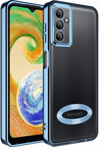 Samsung Galaxy A04s Kılıf Kamera Lens Korumalı Şeffaf Renkli Logo Gösteren Parlak Kapak - Mavi