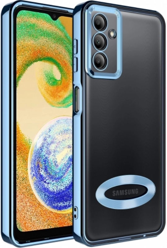 Samsung Galaxy A04s Kılıf Kamera Lens Korumalı Şeffaf Renkli Logo Gösteren Parlak Kapak - Mavi