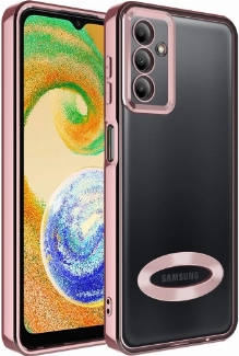 Samsung Galaxy A04s Kılıf Kamera Lens Korumalı Şeffaf Renkli Logo Gösteren Parlak Kapak - Rose Gold