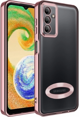 Samsung Galaxy A04s Kılıf Kamera Lens Korumalı Şeffaf Renkli Logo Gösteren Parlak Kapak - Rose Gold